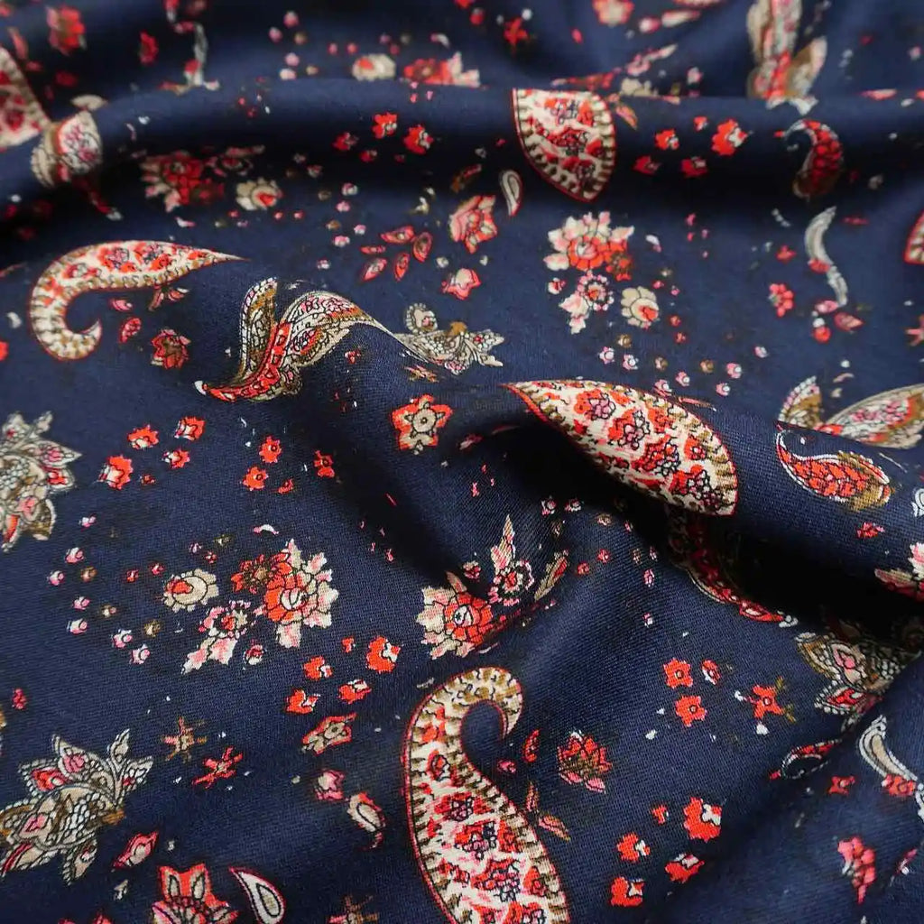 HEAVY WEIGHT PAISLEY FLORAL VISCOSE TWILL ON NAVY -RB/.PRICED PER METERPON/ - Jason Shop Fittings