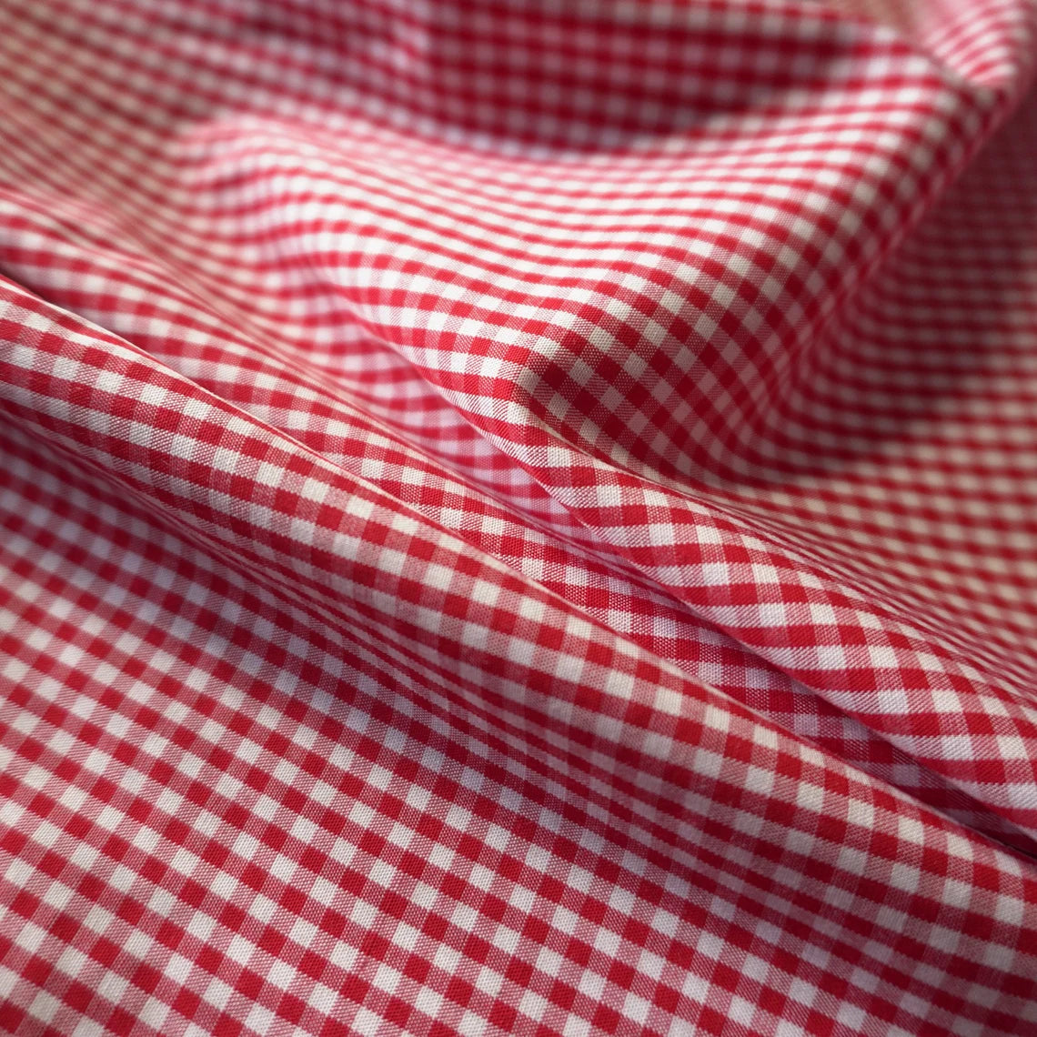 Cherry Red Gingham Tencel Viscose Fabric - Eco-Friendly, Smooth & Drapable | PRICED PER METER