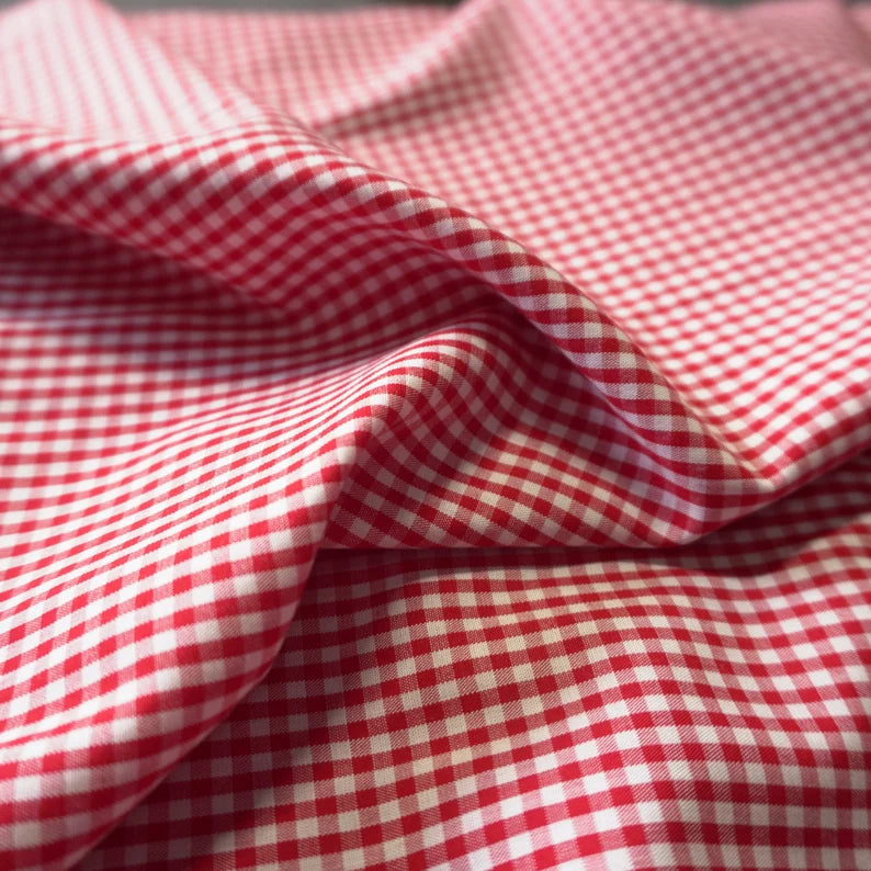 Cherry Red Gingham Tencel Viscose Fabric - Eco-Friendly, Smooth & Drapable | PRICED PER METER