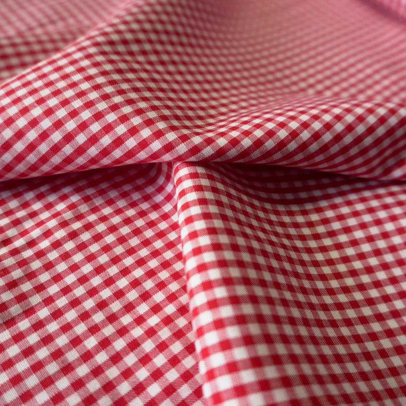 Cherry Red Gingham Tencel Viscose Fabric - Eco-Friendly, Smooth & Drapable | PRICED PER METER